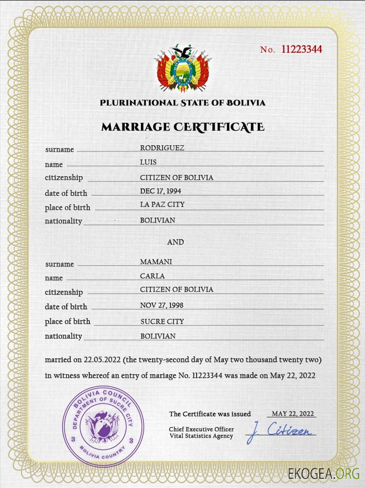 Acte de mariage en Bolivie